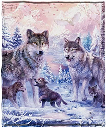 KYKU Rosa Wolf-Decken und Überwürfe – Fleece-Decke mit Wölfen und Schnee, dekoratives Tier für Erwachsene und Kinder, Familie, Liebe, schönes Kunstgeschenk, Zuhause, weiche Bettwäsche, gemütlich.