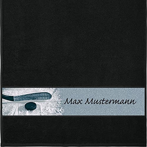 Manutextur Handtuch mit Namen - personalisiert - Motiv Eishockey - viele Farben & Motive - Dusch-Handtuch - schwarz - Größe 50x100 cm - persönliches Geschenk mit Wunsch-Motiv und Wunsch-Name