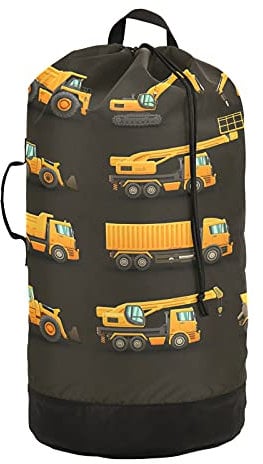 Seamless Yellow Construction Machinery Trucks, Crane, Loader Bulldozer Backpack Laundry Bag Drawstring Hamper Basket, Dirty Clothes Bin Toy Storage with Adjustable Shoulder Straps for Travel Home