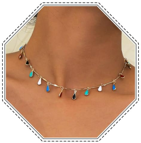 Jovono Gargantilla de perlas bohemias, gargantilla dorada, colorida, colgante de cristal, collar de playa, collar de borla, joyería para mujeres y niñas, Metal, Perla