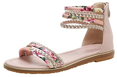 Damen Sommer Strass verziert flach geflochten Schuhe Nieten Gladiator Sandalen mit Reißverschluss, 5-pink, 39 EU
