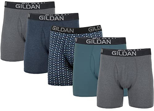 Gildan Mens Cotton Stretch Boxer Briefs, Multipack, Hthr Dark Grey/Hthr Navy/Shapes/Blue (5-pack), S