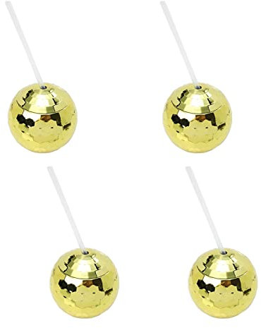 4Pcs Disco Ball Cups, Tumbler Disco Flash Ball Cocktail Cup Silver Spherical Cup with Lid and Straw, Disco Ball Cups for 80s Party, wedding, bachelor party and Christmas (Gold)