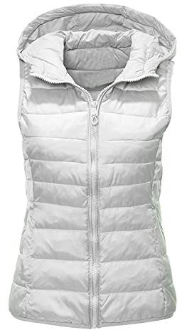 Damen Steppweste leichte Weste Übergangsjacke mit Abnehmbarer Kapuze (Weiß, M)
