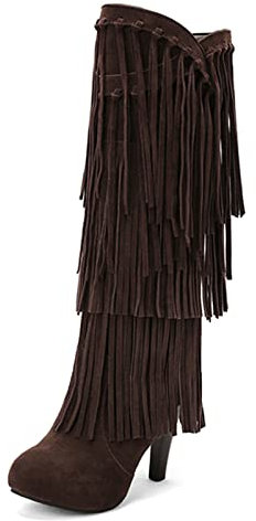 MJIASIAWA Donna Senza Chiusura Vintage Knee Stivali Con Le Frange Plateau Comodo Inverno Tacco A Spillo Alla Schiavae Warm Boots Marrone Numero 32 Eu