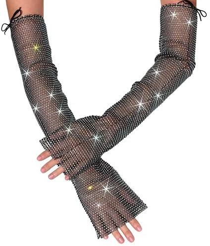 GEMILY Fischnetz Strass Rave-Handschuhe fingerlose Netz-Armstulpen für Damen, Schwarz Weiß, Einheitsgröße