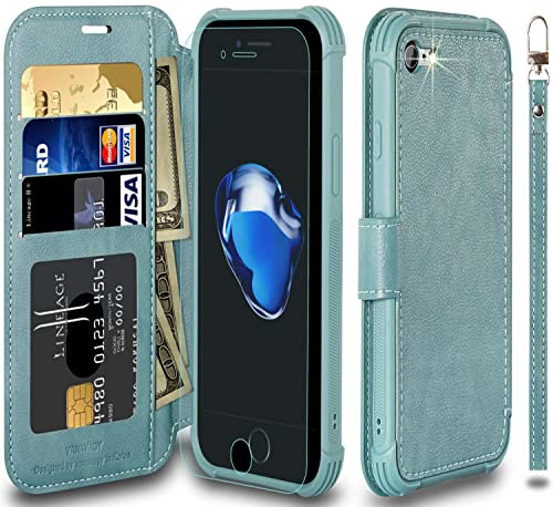 VANAVAGY Handyhülle für iPhone SE 2022/2020 iPhone 8/iPhone 7 Hülle für Frauen und Männer,Leder Stoßfest Flip Case mit Drahtloser Aufladung und RFID-Blockierung für iPhone SE3/SE2 (4,7 Zoll),Waldgrün