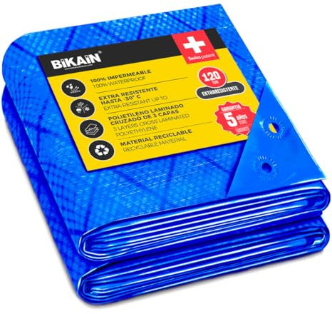 Bikain - Lona Impermeable Exterior - 5x8 Metros - 70g/m2 Reforzada - Argollas Antidesgarro - Toldo 100% Impermeable y 100% Protección UV - Cubretodo Múltiples Usos - 3 Capas Laminado Cruzado