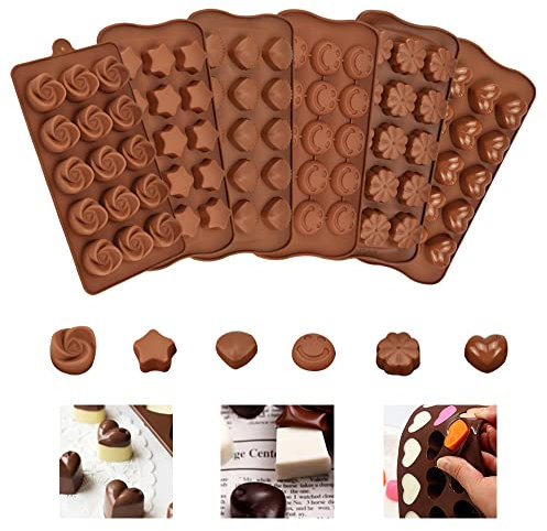 skytowards 6 PCS Moules à Chocolat en Silicone, Moule Bonbon en Forme de Cœur, Étoile, Fleur, Coquillage, Moule à 15 Trous pour Gelée, Bonbons, Glaçons