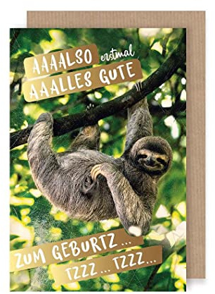 Geburtstag Humor Karte Grußkarte Faultier hängt ab im Baum Goldschrift C6