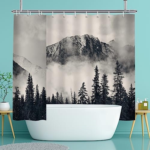 YISURE Rideau de Douche, Motifs de Montagne, forêt de Nuages et Paysage Naturel pour Baignoire en Textile Hydrofuge Lavable, avec 16 œillets en métal, (l x H) 240 x 200 cm