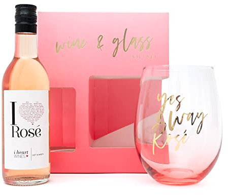 I Heart Wines - Rose Wine & Stemless Glass Set, for Women, 187ml Bottle & Stemless Branded Glass, for Wine Lovers, Mothers Day