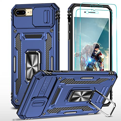 YmhxcY iPhone 8 Plus/7 Plus Case iPhone 6s Plus/6 Plus Case with Military-Grade Explosion-Proof Screen Protector [2 Packs] 360° Can Rotate Ring Stand Case for 5.5 Inch-Blue