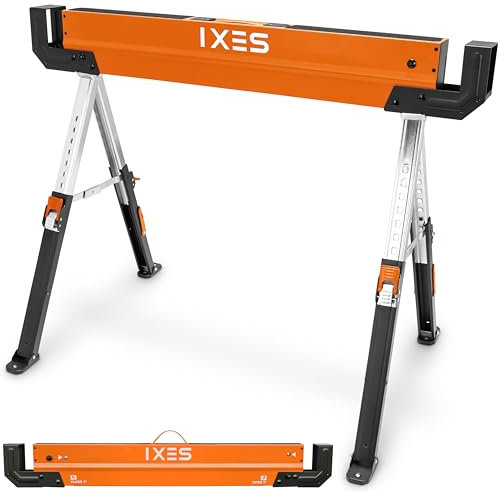 IXES Arbeitsbock höhenverstellbar | Profi Sägebock | max. 600 kg Traglast | Arbeitshöhe 618-820 mm | Metall Klappbock | Anti-Rutsch-Beschichtung | Metallbock, Unterstellbock, Gerüstbock, Untergestell