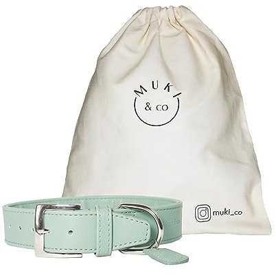 Muki & co ® Hochwertiges Hundehalsband aus veganem Leder - extra breit, komfortabel und pflegeleicht - Minzgrün S-M 26-35 cm