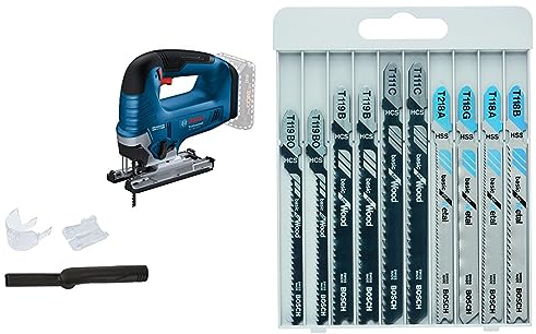 Bosch Professional 18V System Akku-Stichsäge GST 18V-125 B + 10tlg. Stichsägeblatt Set Basic for Wood and Metal (für Holz und Metall, Zubehör)