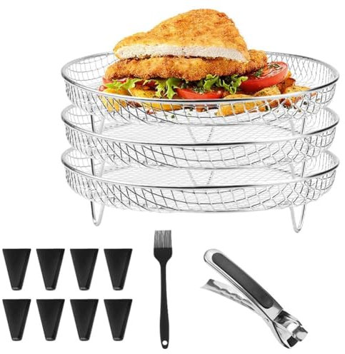 Wisboey Rejilla para Freidora de Aire, Rejillas Deshidratadoras Apilables Redondas de 3, Cesta para Freidora de Aire de Acero Inoxidable, Bandeja, Accesorios para Freidora de Aire