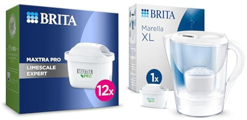 BRITA MAXTRA PRO Limescale Expert Water Filter Cartridge 6 Pack (NEW) & Marella XL Water Filter Jug White (3.5L) incl. 1x MAXTRA PRO All-in-1 cartridge