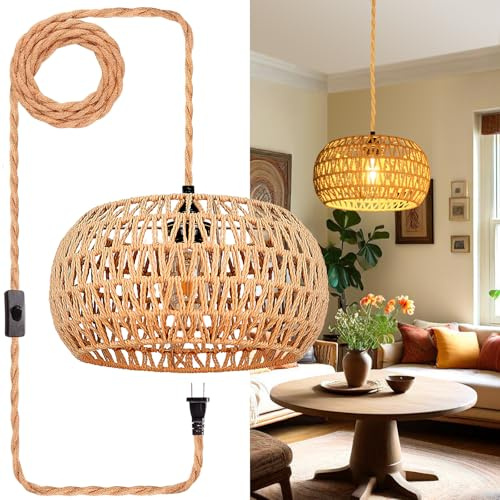 Eqquorva Hanging Lights with Plug in Cord Rattan Hanging Lamp Boho Ceiling Light Fixtures Farmhouse Pendant Lamp Shape for Living Room Bedroom Kitchen