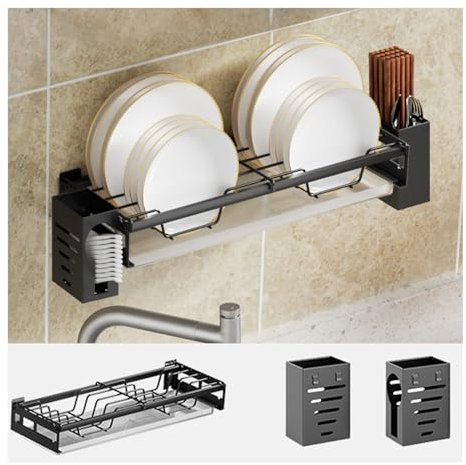 Dxcaicc Wall-Mounted Dish Drying Rack,Kitchen Hanging Stainless Steel Chopstick Holder,Tableware Storage Shelf with 2 Chopstick holder for Bowl,Plate,A