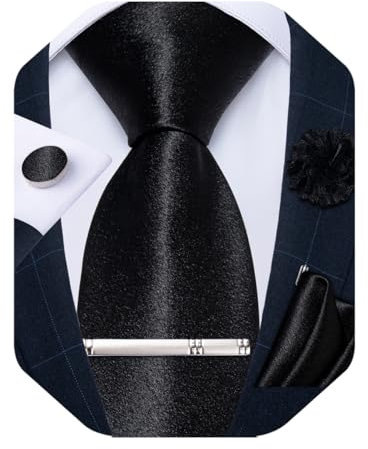 DiBanGu Herren-Krawatte aus Satin mit Anstecknadel, Krawattenklammer, glänzend, einfarbig, Krawatte und Einstecktuch, Manschettenknöpfe, Set für Hochzeit, Party, Schwarz, Einheitsgröße