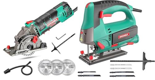 HYCHIKA 500W Mini Scie Circulaire, 4500RPM, Profondeur de coupe: 0-25mm & Scie Sauteuse 800W, HYCHIKA 800-3000SPM, 6 Vitesses Réglables, 4 Modes de Coupe, Angle d'inclinaison ±45 °, 6 Lames