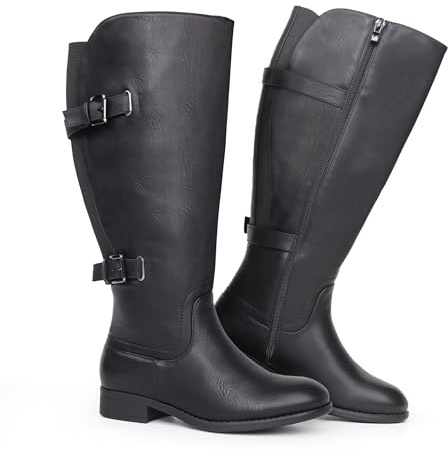 Chicblooms Botas clásicas de caña ancha con tacón plano y doble hebilla trasera elásticas para mujer, PU negro, EU42