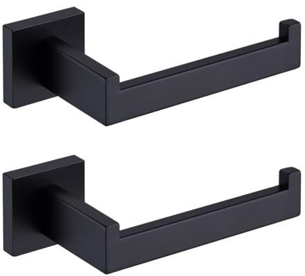 TASTOS Lot de 2 supports de papier toilette noir mat, distributeur de rouleau de papier toilette et crochets muraux pour salle de bain et cuisine, style carré moderne en acier inoxydable