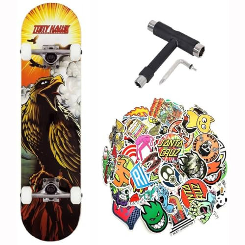 Komplettes Skateboard Tony Hawk PROFESSIONAL Starter Serie 7,75 Zoll + Mehrzweck-Tool + 50 glänzende Sticker (Roar 7,75 – Tool – 50 Sticks, 7,75 Zoll)