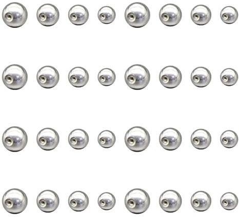 32 Stück Piercing Kugel Set Chirurgenstahl Piercing Kugeln 1,2mm Silber Ersatzkugel Schraubkugel 3mm 4mm 5mm 6mm Zungenpiercing Bauchnabelpiercing Kugel für Nase Lippe Zunge Augenbrauen Bauchnabel