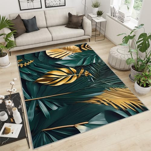 QDJKBL Area Rugs 70 X 120 Cm 3D Banana Leaves Palm Leaves, Golden Green Tropical RainForest Plant Leaves Apartment Carpet, Low Pile Rug High Density for Living Room