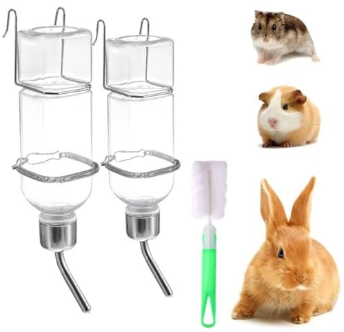2 Pièces Biberon Lapin, Abreuvoir Lapins, Distributeur Eau Lapin Automatique avec Support, Suspendue Biberon Cochon d'Inde sans Goutte à Goutte pour Rongeur Lapins - 350ml+180ml