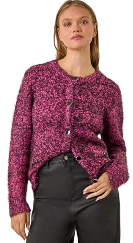 Roman Originals Fluffy Buttoned Knit Cardigan for Women UK - Ladies Everyday Autumn Winter Round Neckline Comfy Soft Evening Vacation Work Party Night Out - Cerise - Size 18
