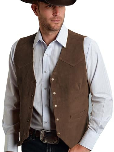 Ruamilyy Wildleder Anzugweste Herren Slim Fit V-Ausschnitt Cowboyweste Männer Vintage Fit Lederweste Jahrgang Western Weste Lässig Wildleder Herrenweste Karneval Kostüm