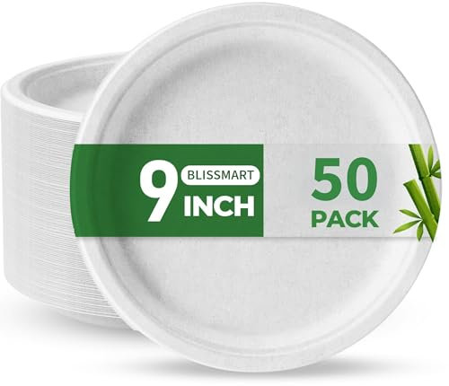 BLISSMART Biodegradable Disposable Plates – Heavy-Duty, Eco-Friendly, Compostable & Microwave-Safe Party Plates, Dinner Plates, Dessert Plates (50, 9)