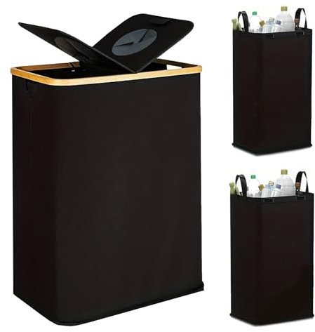 140L Large Kitchen Recycling Bin with Dual Lids & Dual Compartments - 2 Removable Bags, Collapsible Design - for Bottles, Cans, Plastics, Paper - Space-Saving Indoor Waste Storage (Black)