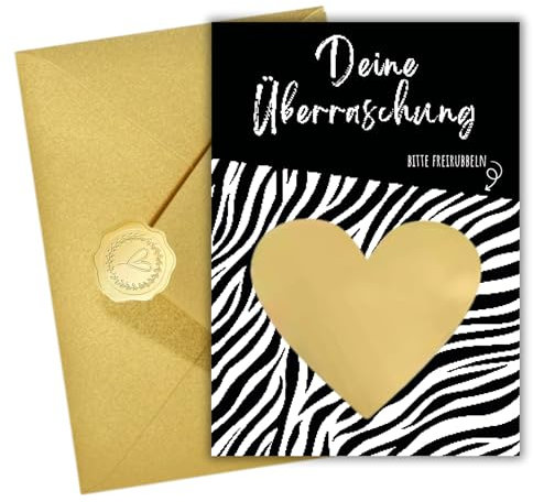 DIY Rubbelkarte – 1er-Set im stilvollen Zebra-Design – Mit goldenem Rubbelherz, edlem Gold-Umschlag & Siegelsticker – Personalisierbarer Gutschein & geheime Botschaft für besondere Überraschungen