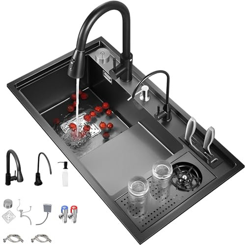 Lavello da cucina, 86 x 50 cm, 1 vasca, con gradino, lavello nano nero, in acciaio inox, multifunzione, con rubinetto da cucina estensibile 3 in 1, dispenser di sapone, sifone, pulsante di controllo