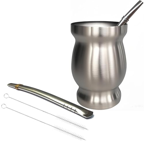 Beruth tazza da 8oz per yerba mate, tazza a zucca in acciaio inossidabile 304 a doppia parete, tazza isolante dal calore e design antiscottatura, include 2 cannucce e pennello per la pulizia (Argento)