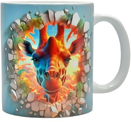 Shopi Zone Colorful Giraffe Ceramic Mug - 3D Art Design with Cracked Wall Background and Tropical Greenery