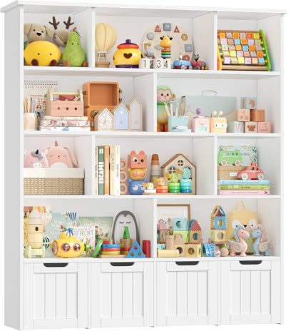 FOREHILL Kinderregal 5 Ebenen, Kinderzimmer Möbel, Bücherregal Kinder | Spielzeugregal mit Boxen auf Rollen, Regal für Kinderzimmer, Kindergarten, Spielzimmer, Leseecke, 146x33x125,5cm, Weiß