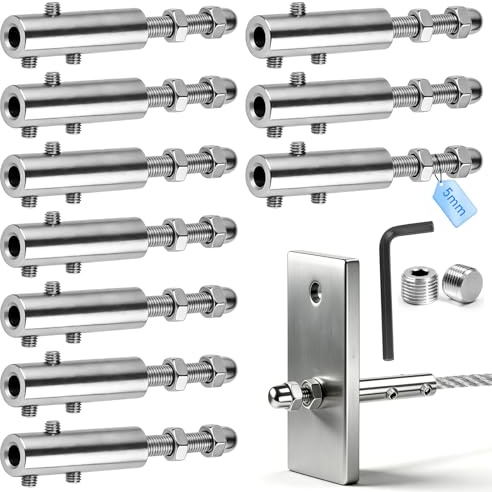 Morsetto per fune metallica in acciaio inox, 10 pezzi, terminale di tensione per fune metallica da 5 mm, per il fissaggio e la tensione di corde, con chiave inclusa