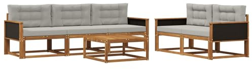 vidaXL Outdoor-Sofagarnitur mit Kissen 6 pcs Natur und Hellgrau, Hochmodernes Gartenmöbel Set, Sofakollektion für draußen, Lounge für Garten, Poolbereich Sitzgruppe