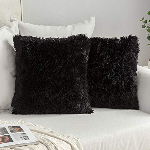 MIULEE 2er Set Kissenbezüge Künstlich Pelz Sofakissen Dekorative Dekokissen Kuschelkissen Plüschkissen Kuschelig Couchkissen Superweich Kissen Flauschig Kissenbezug für Sofa 45x45 cm Schwarz