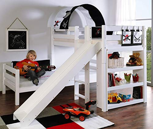 Froschkönig24 Etagenbett mit Rutsche Beni L Kinderbett Spielbett Bett Weiß Stoff Pirat, Matratzen Oben/unten:ohne