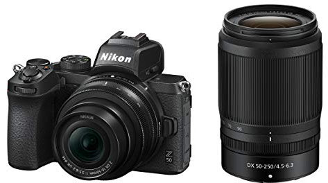 Nikon Z50 + Z DX 16-50VR+50-250VR+ Lexar SD 64GB Fotocamera Mirrorless, CMOS DX da 20.9 MP, sistema Hybrid-AF, Mirino elettronico (EVF), LCD 3,2 touch, Video 4K, Nero [Nital Card: 4 Anni di Garanzia]