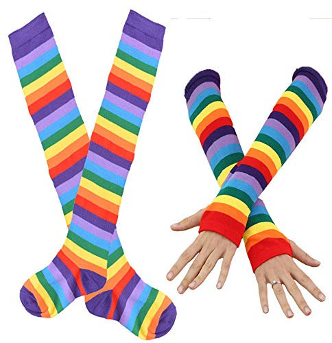 2er Set wunderschöne Regenbogen Kniestrümpfe und Fingerlose Armstulpen, Regenbogen Handschuhe Arm Wärmer und Strümpfe über Knie, schönes Party Fasching Festzug Kostüm, Party Accessoires