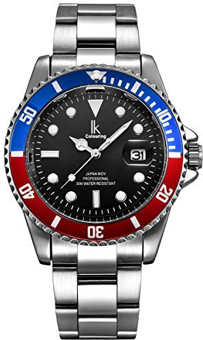 Alienwork Reloj Hombre Mujer Plateado Pulsera de Metal Acero Calendario Fecha Negro Elegante