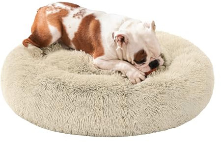 Feandrea Hundebett flauschig, Katzenbett, Donut Kissen, waschbar, Polsterung in der Mitte herausnehmbar, Langer Plüsch, 80 cm Durchmesser, Ombré-Khaki PGW040S01