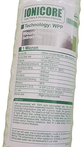 Ionicore cartuccia Polipropilene avvolto 9-3/4'' - 1 micron RICAMBIO IMPIANTO OSMOSI INVERSA A BICCHIERE